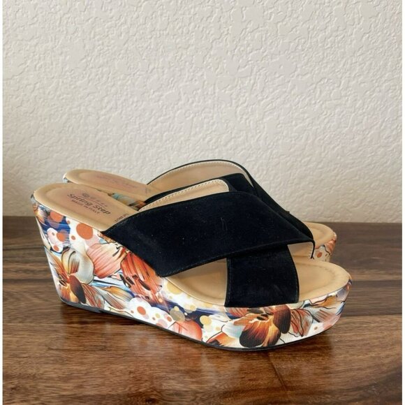 Spring Step Wedge Floral Black faux suede Sandals Womens 8/38 Comfort - Picture 3 of 6